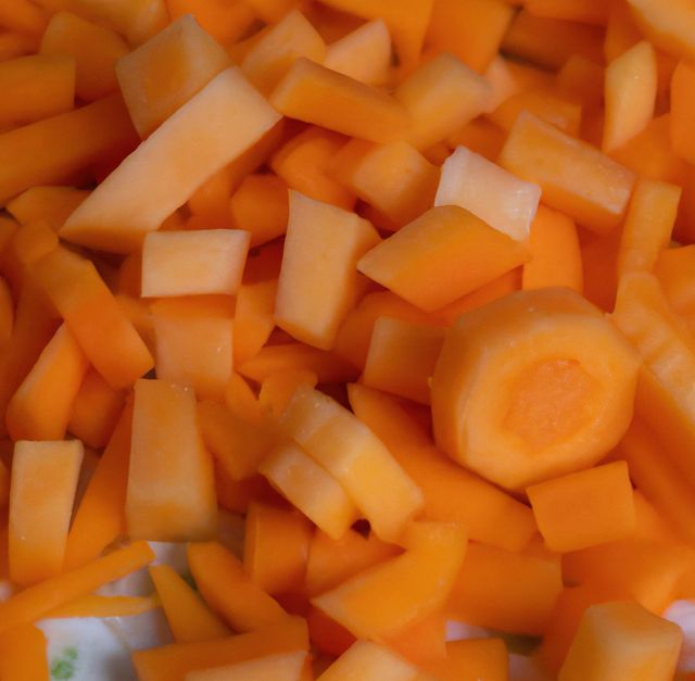 Close up of multiple chopped carrot pieces in bowl. Food preparation, health and raw ingredients.