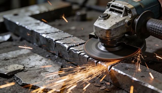 Handheld angle grinder cutting steel bar producing bright sparks and metal shavings