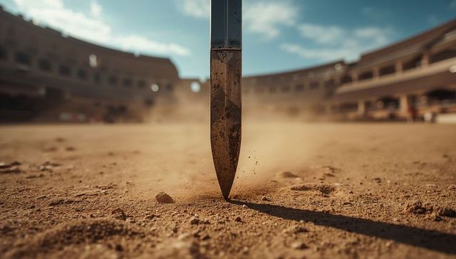Blade Sinking into Coliseum Sand Raising Dust Casting Shadow Cinematic Arena Close-Up