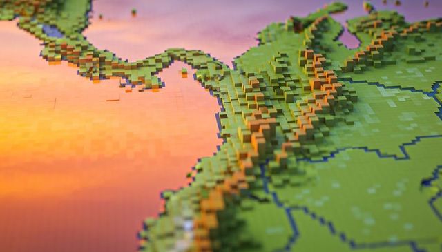 Voxel topographic map with coastal ridge, river network and sunset gradient lighting