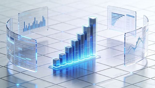 Projecting holographic 3d bar chart showing rising analytics on neon dashboard panel