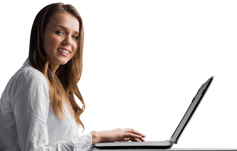 Transparent Businesswoman Smiling While Typing on Laptop - Download Free Stock Videos Pikwizard.com