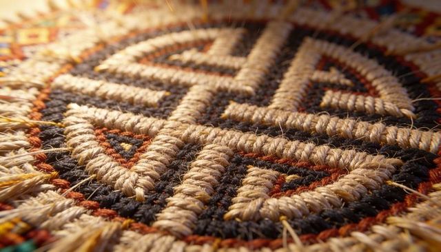 Handwoven round jute rug featuring raised geometric medallion, braided yarn fringe