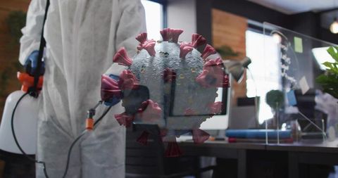 Disinfecting office with ppe sprayer and 3d virus visualization for workplace safety