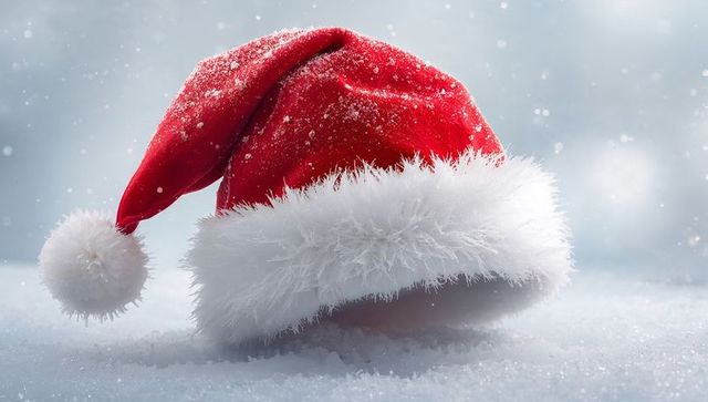 Red Santa hat resting on snowy ground with falling snowflakes and winter bokeh