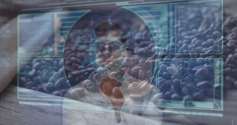 Futuristic Data Analysis with Virus Graphic Overlay and Coffee