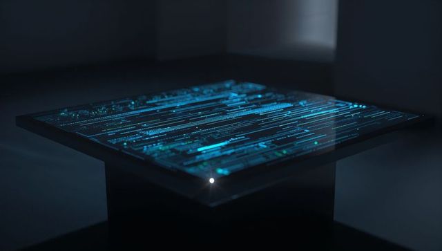 Futuristic glowing touchscreen table with neon circuit panel and indicator light