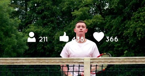 Tennis player holding racket behind net with social media engagement overlays