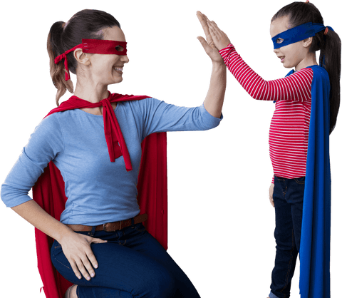 Mother and daughter in superhero costumes giving high-five transparent background