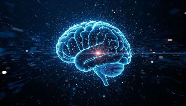 Neon Holographic Brain with Central Data Flare Representing AI Neural Network and Cyberspace