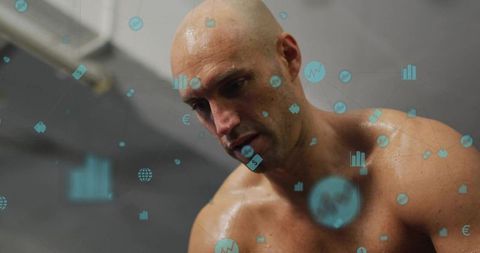 Sweaty athlete leaning exhausted after intense training with futuristic teal hud overlay