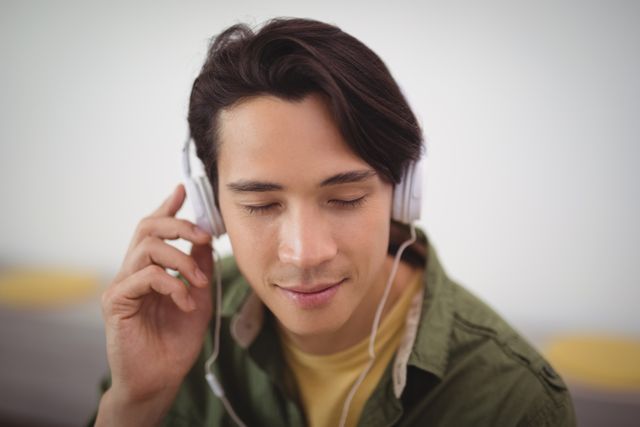 Young businessman listening music through headphones with eyes closed at creative office