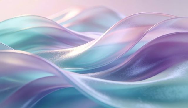 Flowing iridescent ribbons in pastel gradient, pearlescent curves and silk texture