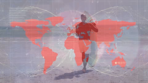 Conceptual World Map Overlay on Senior Man at Beach