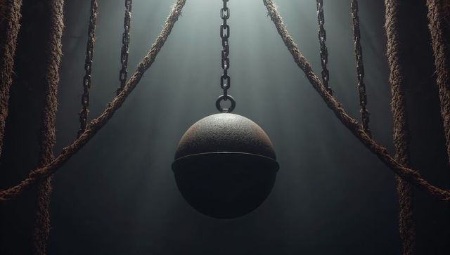 Rusty iron orb suspended by heavy chains and frayed ropes in moody cavernous darkness