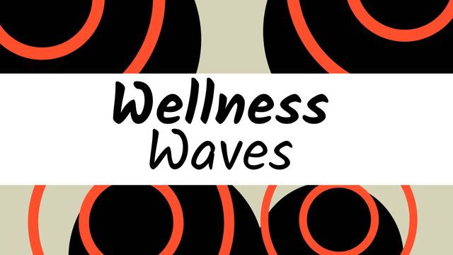 This stock photo presents a modern abstract design featuring the text 'Wellness Waves' in black on a white band, set against a bold background with red rings on black and beige. Ideal for use in wellness and health-themed marketing materials, promotional graphics, web design, or digital applications. The contemporary and minimalist style complements various visual projects emphasizing health, well-being, and modern lifestyle trends.