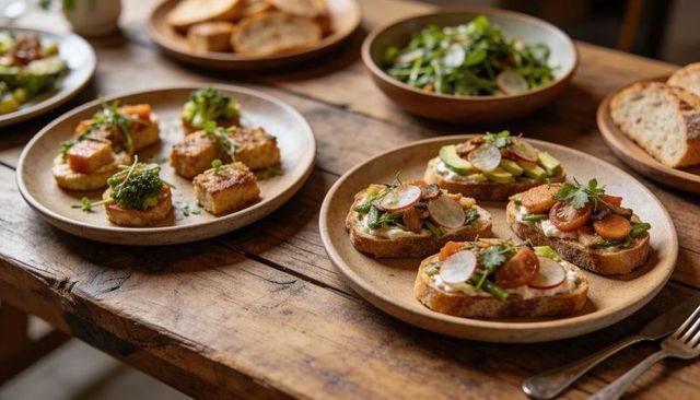 Rustic crostini featuring avocado, radish, cherry tomato and microgreens on sourdough
