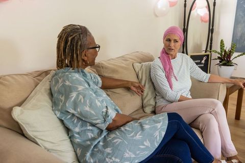 Supportive diverse friendship at home celebrating b.c. Awareness