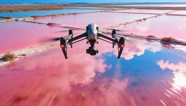 Hovering quadcopter capturing vibrant pink salt pans and reflective evaporation ponds