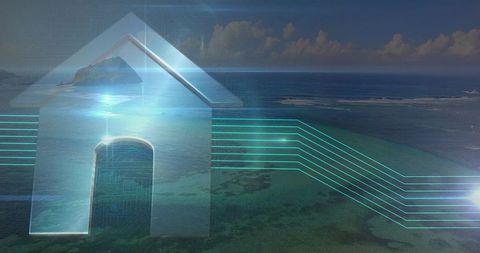 Futuristic Technology Concept with Home Icon and Glow over Ocean