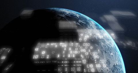 Crescent Earth with glowing binary grid overlay symbolizing global data network