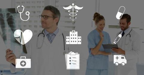 Medical team reviewing x-ray and patient records in hospital clinic for clinical diagnosis