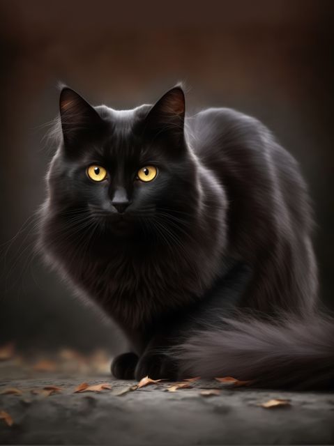 Image showcases a striking black cat with bright yellow eyes sitting outdoors. The background features a soft-focus autumn setting with scattered fall leaves, enhancing the mysterious aura. Perfect for use in autumn-themed projects, pet care publications, or as a captivating piece for feline enthusiasts and nature lovers.
