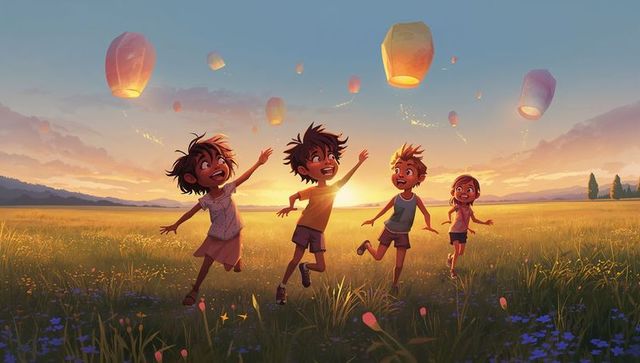 Kids Running Through Golden Sunset Meadow Releasing Floating Lanterns and Laughing