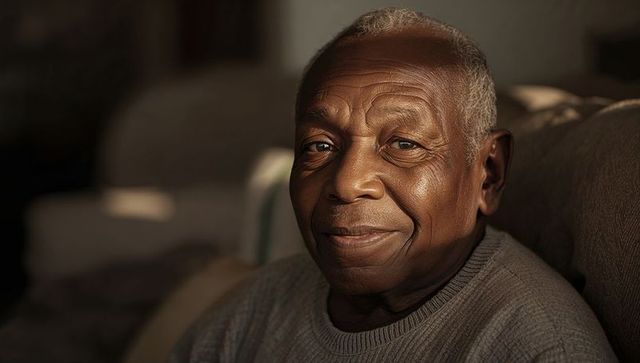 Warm closeup portrait of smiling senior man sitting on sofa wearing gray knit sweater