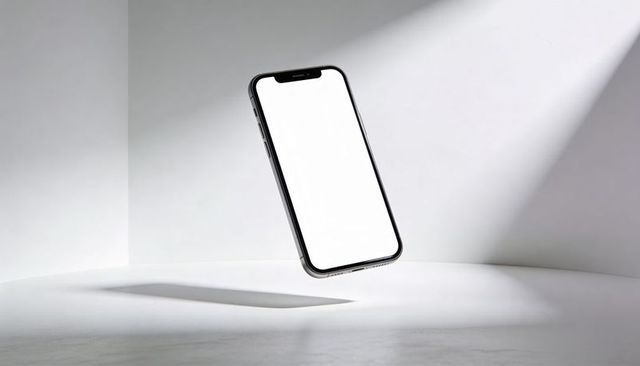 Levitating smartphone with blank notch display casting soft shadow on minimal white surface
