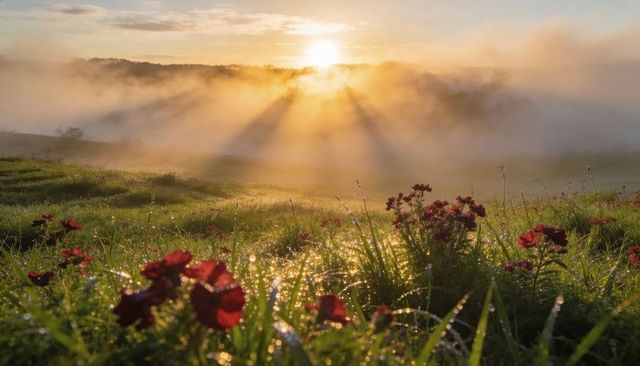 Sunrise rays glowing through mist over dewy meadow, red wild poppies catching light