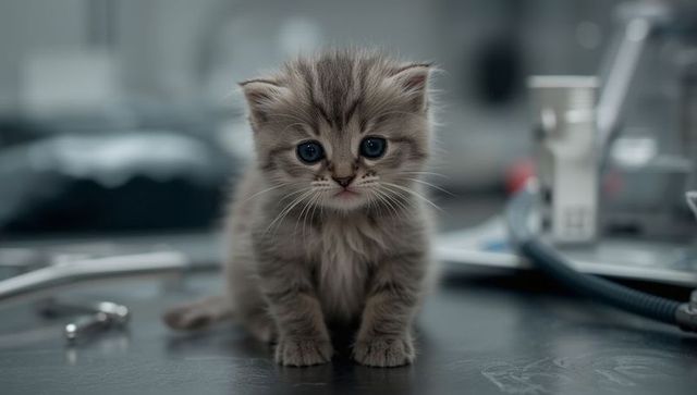 Adorable fluffy kitten in veterinary clinic setting