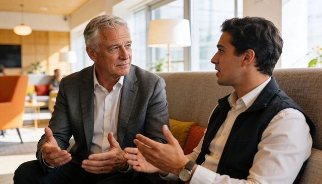 Senior executive mentoring young colleague in modern office lounge collaborative meeting