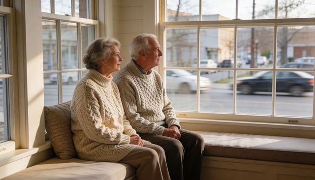 Senior couple sitting on window bench gazing at passing cars in cozy knit sweaters