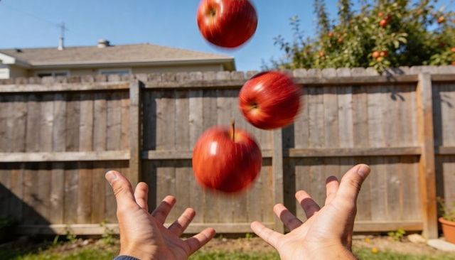 Hands tossing three red apples midair over suburban backyard fence sunny afternoon