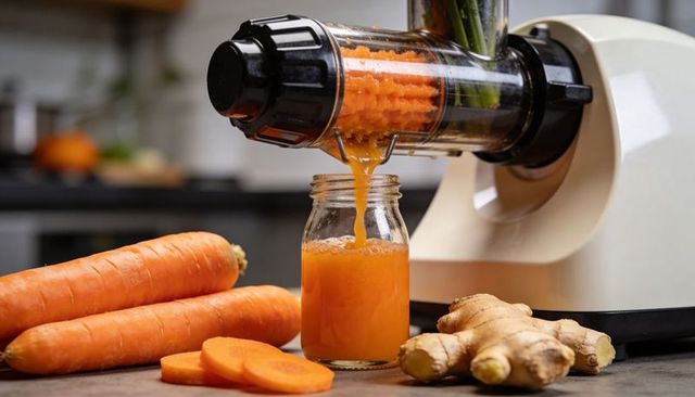 Cold-pressed carrot juice pouring from slow juicer into jar with fresh carrots and ginger root