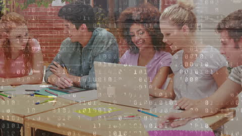 Schoolchildren Collaborating on Laptops with Digital Overlay