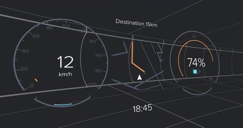 Futuristic Digital Dashboard with Speed, Navigation, and Battery