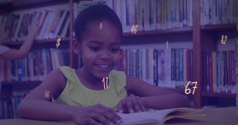 Young Girl Learning in Library with Math Symbols Floating Around