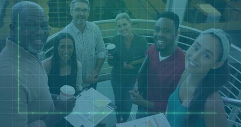 Diverse Team Collaborating on Office Stairs Visualizing Growth