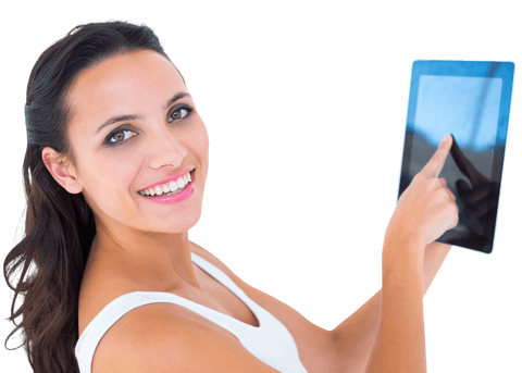 Transparent background woman using tablet smiling