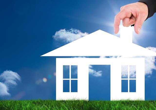 Image showing hand holding house vector against blue sky with clouds is ideal for real estate marketing, mortgage advertisements, and property investment brochures. Perfect for use in promotional materials about finding dream home or investing in property.