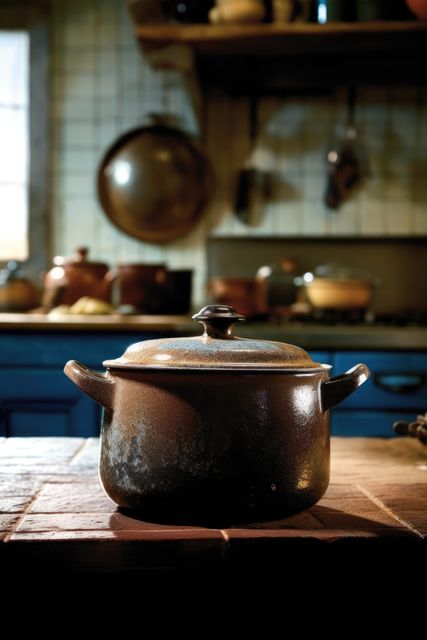 A rustic pot sits on a wooden table in a home kitchen. Warm lighting accentuates the cozy, traditional cooking environment.