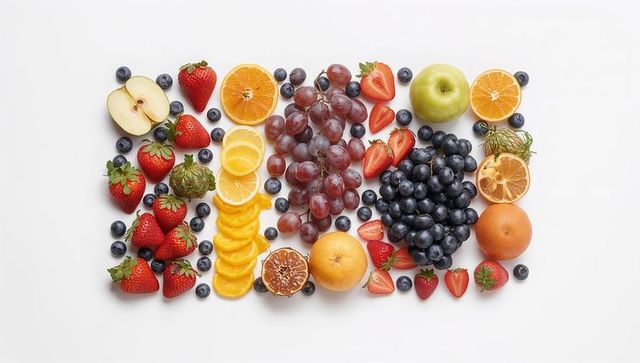 Vibrant symmetrical fruit flatlay top-down with citrus slices, berries and grapes on white
