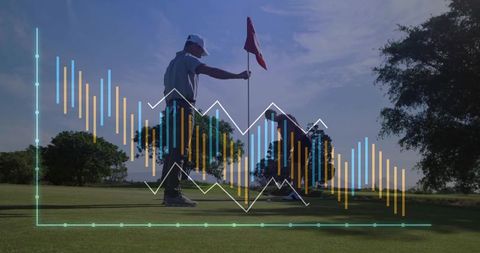 Male Golfers Analyzing Performance Data with Graph Overlay