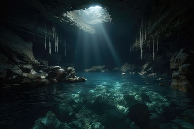Rays of sunlight in underwater cave, created using generative ai technology. Nature, diving and underwater exploration concept digitally generated image.