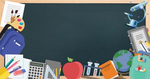Colorful Educational Icons Surrounding Blackboard Background