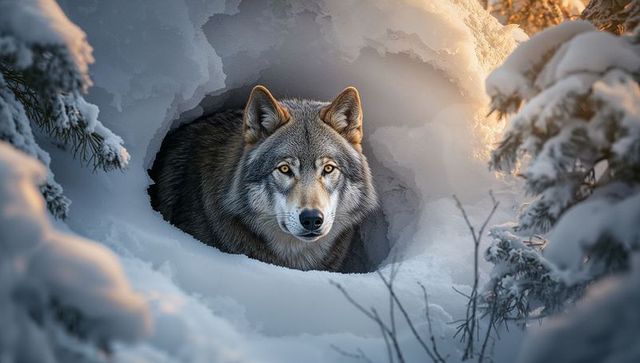 Resting gray wolf facing forward in snow hollow bathed in golden morning light