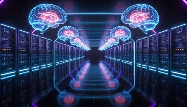 Hovering neon holographic brains lining futuristic server aisle reflecting on glossy floor