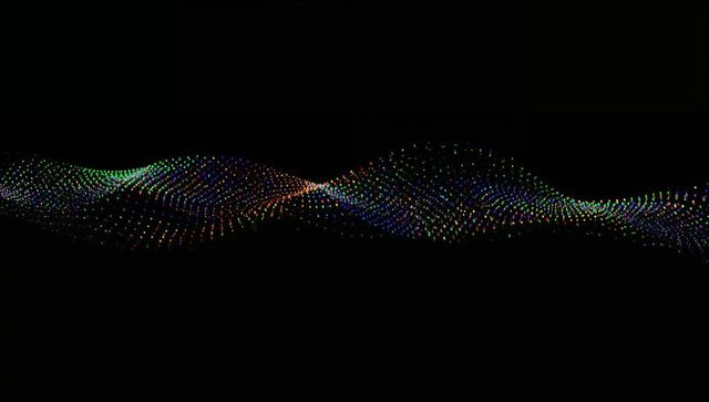 Undulating neon particle wave flowing across black canvas with luminous halo dots